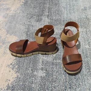 MIA Brown Leather Wedge Sandals - Confortable Elastic Ankle Strap Size 8 1/2.